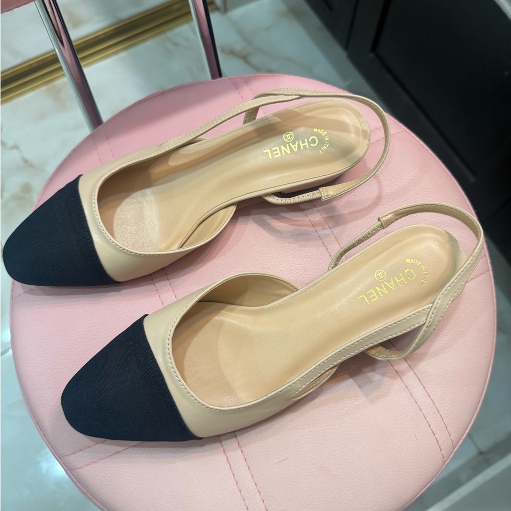 Two-Tone Beige and Black Slingback Flats